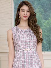 画像4: [ERUKEI/GINZA COUTURE]ホワイト×ピンク・ツイード・タイト・ノースリーブ・ベルト・ レース・ミディアムドレス・ワンピース[送料無料] (4)