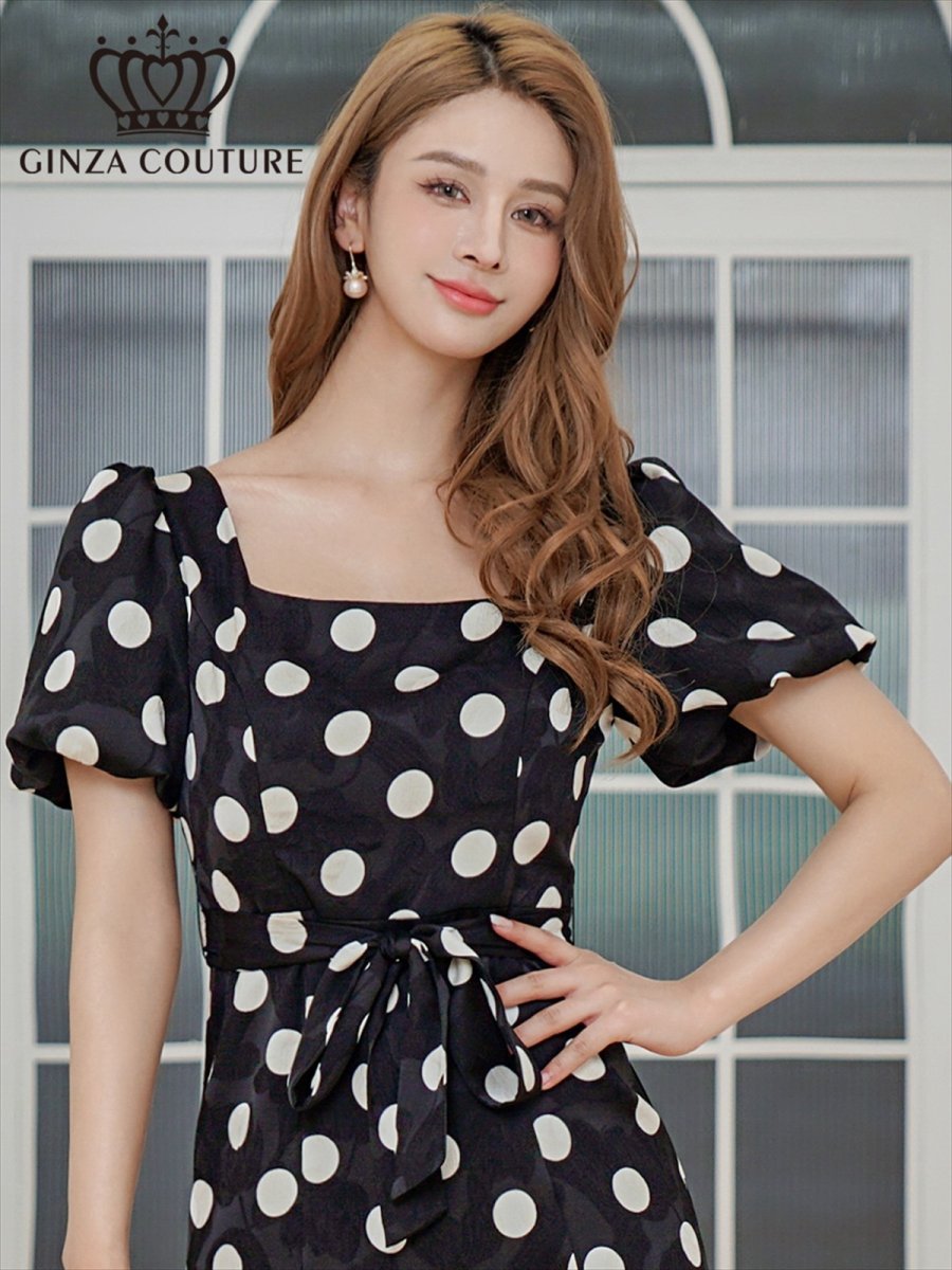 画像11: [ERUKEI]パフスリーブ・サテンジャガード・ドット・リボン・Aライン・ミディアムドレス・ワンピース[山崎みどり着用][送料無料]myiv (11)