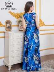 画像15: [ERUKEI]ノースリーブ・シワ加工サテン・フラワー柄・花柄・プリント・ウエストリブ・Aライン・ロングドレス[黒木麗奈着用][送料無料] (15)
