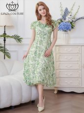 画像1: [ XS-Lサイズ / 1カラー][ERUKEI/GINZA COUTURE]フリルカラー・フリルスリーブ・リボン・プリント・シフォン・切替・Aライン・ミディアムドレス・ワンピース[送料無料] (1)