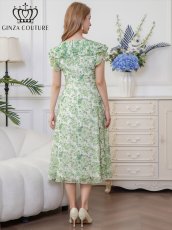 画像3: [ XS-Lサイズ / 1カラー][ERUKEI/GINZA COUTURE]フリルカラー・フリルスリーブ・リボン・プリント・シフォン・切替・Aライン・ミディアムドレス・ワンピース[送料無料] (3)