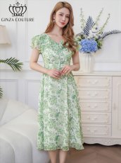 画像5: [ XS-Lサイズ / 1カラー][ERUKEI/GINZA COUTURE]フリルカラー・フリルスリーブ・リボン・プリント・シフォン・切替・Aライン・ミディアムドレス・ワンピース[送料無料] (5)