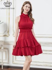 画像2: [ERUKEI/GINZA COUTURE]首元フリル・ウエストマーク・ アメリカンスリーブ・ティアード・Aライン・ミニドレス・ワンピース[送料無料] (2)