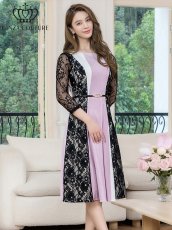 画像2: [ERUKEI/GINZA COUTURE]トリコロール・レース・七分袖・ベルト付き・アシンメトリー・ミディアムドレス・ワンピース[送料無料] (2)