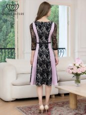 画像3: [ERUKEI/GINZA COUTURE]トリコロール・レース・七分袖・ベルト付き・アシンメトリー・ミディアムドレス・ワンピース[送料無料] (3)