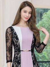 画像4: [ERUKEI/GINZA COUTURE]トリコロール・レース・七分袖・ベルト付き・アシンメトリー・ミディアムドレス・ワンピース[送料無料] (4)