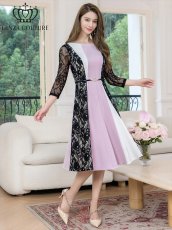 画像5: [ERUKEI/GINZA COUTURE]トリコロール・レース・七分袖・ベルト付き・アシンメトリー・ミディアムドレス・ワンピース[送料無料] (5)