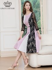 画像6: [ERUKEI/GINZA COUTURE]トリコロール・レース・七分袖・ベルト付き・アシンメトリー・ミディアムドレス・ワンピース[送料無料] (6)