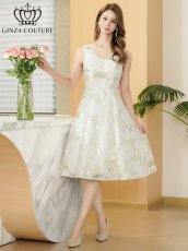画像1: [ XS-Lサイズ / 2カラー][ERUKEI/GINZA COUTURE]オーガンジー・ジャガード・花柄・金糸・ノースリーブ・Vネック・Aライン・フレア・ミディアムドレス・ワンピース[送料無料] (1)