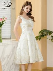 画像2: [ XS-Lサイズ / 2カラー][ERUKEI/GINZA COUTURE]オーガンジー・ジャガード・花柄・金糸・ノースリーブ・Vネック・Aライン・フレア・ミディアムドレス・ワンピース[送料無料] (2)