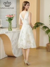 画像3: [ XS-Lサイズ / 2カラー][ERUKEI/GINZA COUTURE]オーガンジー・ジャガード・花柄・金糸・ノースリーブ・Vネック・Aライン・フレア・ミディアムドレス・ワンピース[送料無料] (3)
