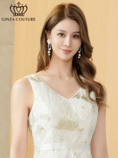 画像4: [ XS-Lサイズ / 2カラー][ERUKEI/GINZA COUTURE]オーガンジー・ジャガード・花柄・金糸・ノースリーブ・Vネック・Aライン・フレア・ミディアムドレス・ワンピース[送料無料] (4)