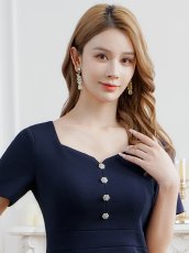 画像10: [ XS-Lサイズ / 2カラー][ERUKEI/GINZA COUTURE]ビジューボタン・スリットネック・半袖・タイト・ミディアムドレス・ワンピース[送料無料] (10)