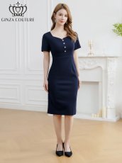 画像11: [ XS-Lサイズ / 2カラー][ERUKEI/GINZA COUTURE]ビジューボタン・スリットネック・半袖・タイト・ミディアムドレス・ワンピース[送料無料] (11)