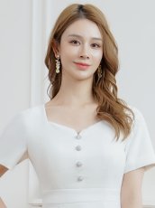 画像4: [ XS-Lサイズ / 2カラー][ERUKEI/GINZA COUTURE]ビジューボタン・スリットネック・半袖・タイト・ミディアムドレス・ワンピース[送料無料] (4)