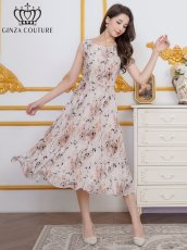 画像1: [ XS-Lサイズ / 1カラー][ERUKEI/GINZA COUTURE]シフォン・プリント・ノースリーブ・切替・Aライン・ミディアムドレス・ワンピース[送料無料] (1)