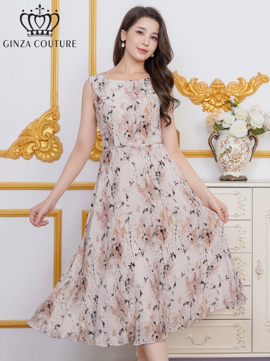 画像2: [ XS-Lサイズ / 1カラー][ERUKEI/GINZA COUTURE]シフォン・プリント・ノースリーブ・切替・Aライン・ミディアムドレス・ワンピース[送料無料] (2)