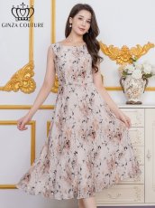 画像2: [ XS-Lサイズ / 1カラー][ERUKEI/GINZA COUTURE]シフォン・プリント・ノースリーブ・切替・Aライン・ミディアムドレス・ワンピース[送料無料] (2)