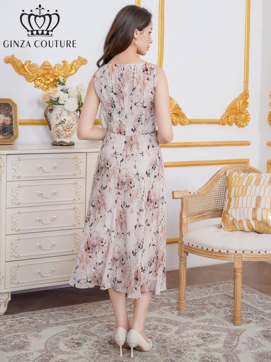 画像3: [ XS-Lサイズ / 1カラー][ERUKEI/GINZA COUTURE]シフォン・プリント・ノースリーブ・切替・Aライン・ミディアムドレス・ワンピース[送料無料] (3)