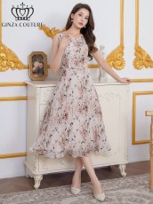 画像5: [ XS-Lサイズ / 1カラー][ERUKEI/GINZA COUTURE]シフォン・プリント・ノースリーブ・切替・Aライン・ミディアムドレス・ワンピース[送料無料] (5)