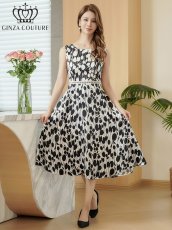 画像1: [ XS-Lサイズ / 1カラー][ERUKEI/GINZA COUTURE]サテン・花柄・プリント・ハイウエスト・レース切替・Aライン・ミディアムドレス・ワンピース[送料無料] (1)