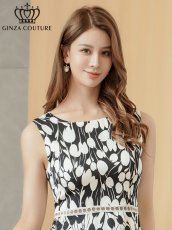 画像4: [ XS-Lサイズ / 1カラー][ERUKEI/GINZA COUTURE]サテン・花柄・プリント・ハイウエスト・レース切替・Aライン・ミディアムドレス・ワンピース[送料無料] (4)