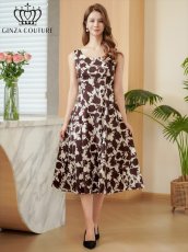画像1: [ XS-Lサイズ / 1カラー][ERUKEI/GINZA COUTURE]花柄・プリント・ノースリーブ・Aライン・ミディアムドレス・ワンピース[送料無料] (1)