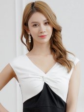 画像3: [ XS-Lサイズ / 1カラー][ERUKEI/GINZA COUTURE]バイカラー・バストギャザー・Vネック・バックスリット・ストレッチ・シンプル・ノースリーブ・タイト・膝丈・ミディアムドレス・ワンピース[送料無料] (3)