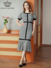 画像1: [ XS-Lサイズ / 1カラー][ERUKEI/GINZA COUTURE]千鳥格子柄・パフスリーブ・半袖・タイト・マーメイド・ミディアムドレス・ワンピース[送料無料] (1)