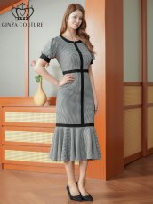 画像2: [ XS-Lサイズ / 1カラー][ERUKEI/GINZA COUTURE]千鳥格子柄・パフスリーブ・半袖・タイト・マーメイド・ミディアムドレス・ワンピース[送料無料] (2)