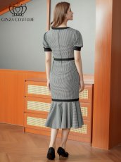 画像3: [ XS-Lサイズ / 1カラー][ERUKEI/GINZA COUTURE]千鳥格子柄・パフスリーブ・半袖・タイト・マーメイド・ミディアムドレス・ワンピース[送料無料] (3)