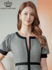 画像4: [ XS-Lサイズ / 1カラー][ERUKEI/GINZA COUTURE]千鳥格子柄・パフスリーブ・半袖・タイト・マーメイド・ミディアムドレス・ワンピース[送料無料] (4)