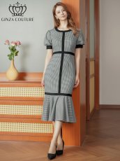 画像5: [ XS-Lサイズ / 1カラー][ERUKEI/GINZA COUTURE]千鳥格子柄・パフスリーブ・半袖・タイト・マーメイド・ミディアムドレス・ワンピース[送料無料] (5)