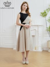 画像2: [ XS-Lサイズ / 1カラー][ERUKEI/GINZA COUTURE]バイカラー・ノースリーブ・切替・ベルト付き・アシンメトリー・Aライン・ミディアムドレス・ワンピース[送料無料] (2)
