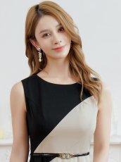 画像4: [ XS-Lサイズ / 1カラー][ERUKEI/GINZA COUTURE]バイカラー・ノースリーブ・切替・ベルト付き・アシンメトリー・Aライン・ミディアムドレス・ワンピース[送料無料] (4)