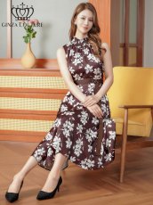 画像1: [ XS-Lサイズ / 1カラー][ERUKEI/GINZA COUTURE]花柄・プリント・ハイネック・ベルト・Aライン・ミディアムドレス・ワンピース[送料無料] (1)