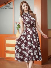 画像2: [ XS-Lサイズ / 1カラー][ERUKEI/GINZA COUTURE]花柄・プリント・ハイネック・ベルト・Aライン・ミディアムドレス・ワンピース[送料無料] (2)