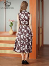 画像3: [ XS-Lサイズ / 1カラー][ERUKEI/GINZA COUTURE]花柄・プリント・ハイネック・ベルト・Aライン・ミディアムドレス・ワンピース[送料無料] (3)