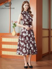 画像5: [ XS-Lサイズ / 1カラー][ERUKEI/GINZA COUTURE]花柄・プリント・ハイネック・ベルト・Aライン・ミディアムドレス・ワンピース[送料無料] (5)