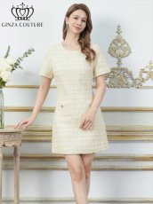 画像1: [ XS-Lサイズ / 1カラー][ERUKEI/GINZA COUTURE]ツイード・ポケット・金ボタン・パールブローチ付き・半袖・Aライン・ミニドレス・ワンピース[送料無料] (1)