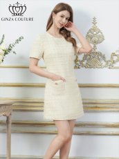 画像2: [ XS-Lサイズ / 1カラー][ERUKEI/GINZA COUTURE]ツイード・ポケット・金ボタン・パールブローチ付き・半袖・Aライン・ミニドレス・ワンピース[送料無料] (2)