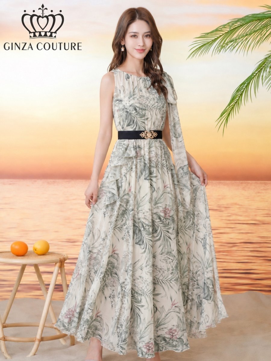 画像8: [ XS-Lサイズ / 2カラー][ERUKEI/GINZA COUTURE]総柄・ボタニカルプリント・シフォン・ショルダーリボン・ノースリーブ・マキシ丈・フレア・ロングドレス[送料無料] (8)