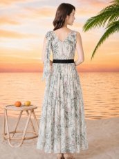 画像9: [ XS-Lサイズ / 2カラー][ERUKEI/GINZA COUTURE]総柄・ボタニカルプリント・シフォン・ショルダーリボン・ノースリーブ・マキシ丈・フレア・ロングドレス[送料無料] (9)