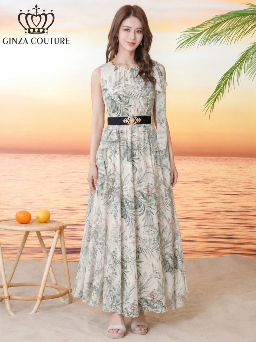 画像11: [ XS-Lサイズ / 2カラー][ERUKEI/GINZA COUTURE]総柄・ボタニカルプリント・シフォン・ショルダーリボン・ノースリーブ・マキシ丈・フレア・ロングドレス[送料無料] (11)