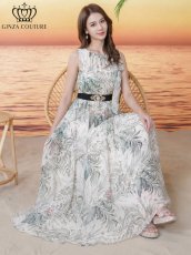 画像12: [ XS-Lサイズ / 2カラー][ERUKEI/GINZA COUTURE]総柄・ボタニカルプリント・シフォン・ショルダーリボン・ノースリーブ・マキシ丈・フレア・ロングドレス[送料無料] (12)