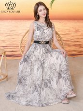 画像1: [ XS-Lサイズ / 2カラー][ERUKEI/GINZA COUTURE]総柄・ボタニカルプリント・シフォン・ショルダーリボン・ノースリーブ・マキシ丈・フレア・ロングドレス[送料無料] (1)