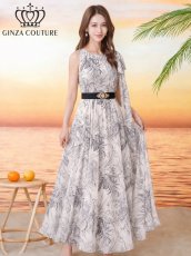 画像2: [ XS-Lサイズ / 2カラー][ERUKEI/GINZA COUTURE]総柄・ボタニカルプリント・シフォン・ショルダーリボン・ノースリーブ・マキシ丈・フレア・ロングドレス[送料無料] (2)