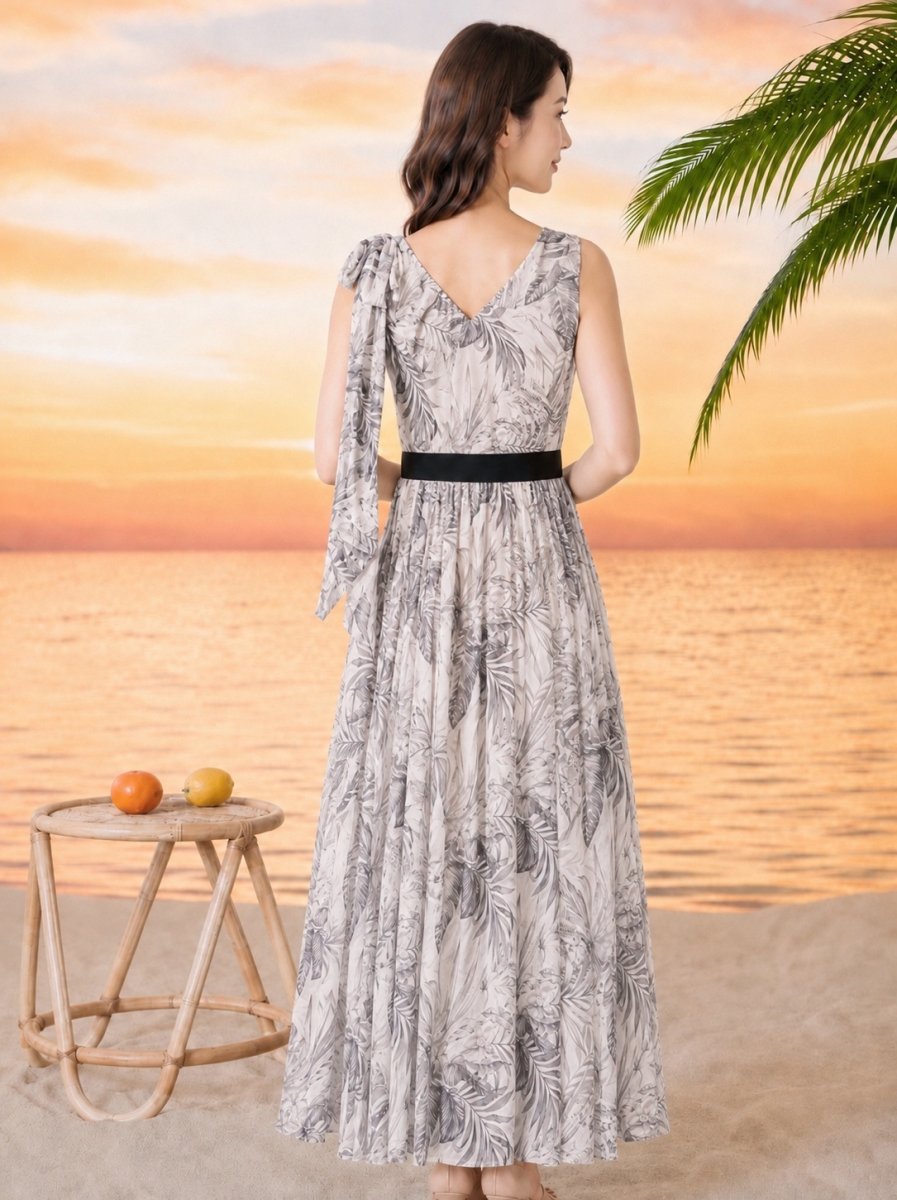 画像3: [ XS-Lサイズ / 2カラー][ERUKEI/GINZA COUTURE]総柄・ボタニカルプリント・シフォン・ショルダーリボン・ノースリーブ・マキシ丈・フレア・ロングドレス[送料無料] (3)