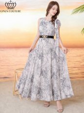 画像5: [ XS-Lサイズ / 2カラー][ERUKEI/GINZA COUTURE]総柄・ボタニカルプリント・シフォン・ショルダーリボン・ノースリーブ・マキシ丈・フレア・ロングドレス[送料無料] (5)