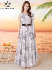 画像6: [ XS-Lサイズ / 2カラー][ERUKEI/GINZA COUTURE]総柄・ボタニカルプリント・シフォン・ショルダーリボン・ノースリーブ・マキシ丈・フレア・ロングドレス[送料無料] (6)